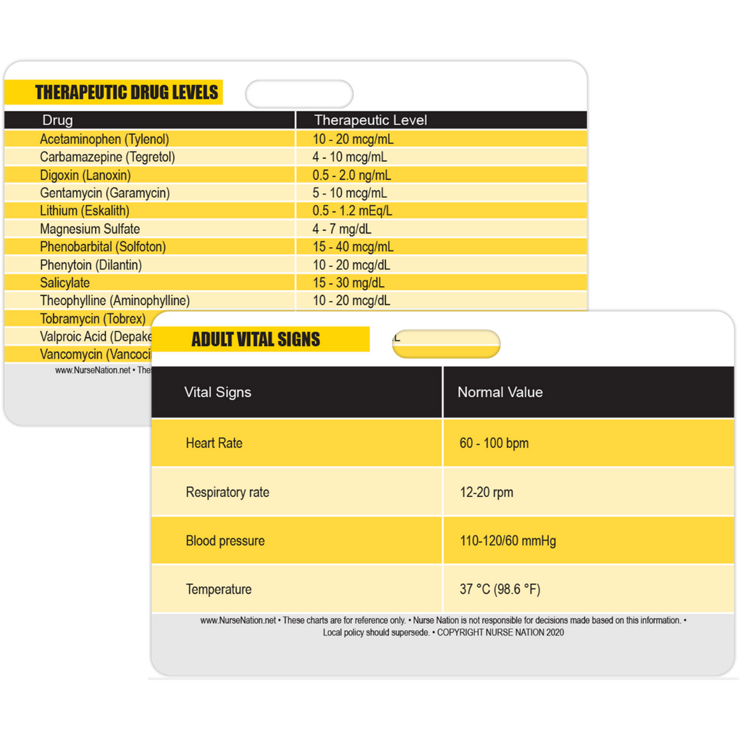 Normal adult Vital Signs and Common Therapeutic Drug Levels Vertical Badge Card - Excellent Resource for Nurses, Nursing Clinicals, and Rn Students