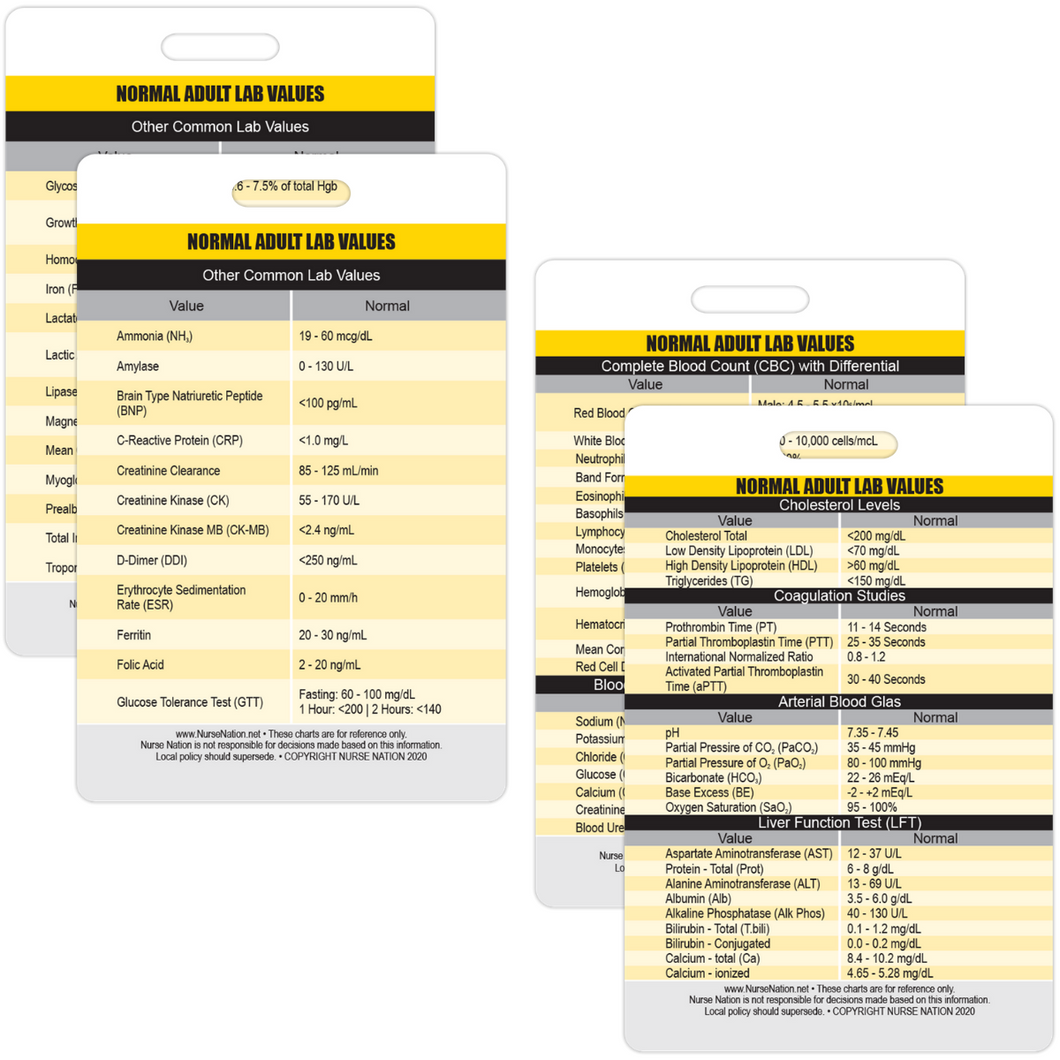 Lab Values Vertical Plastic Badge Cards - Set of 2 Cards